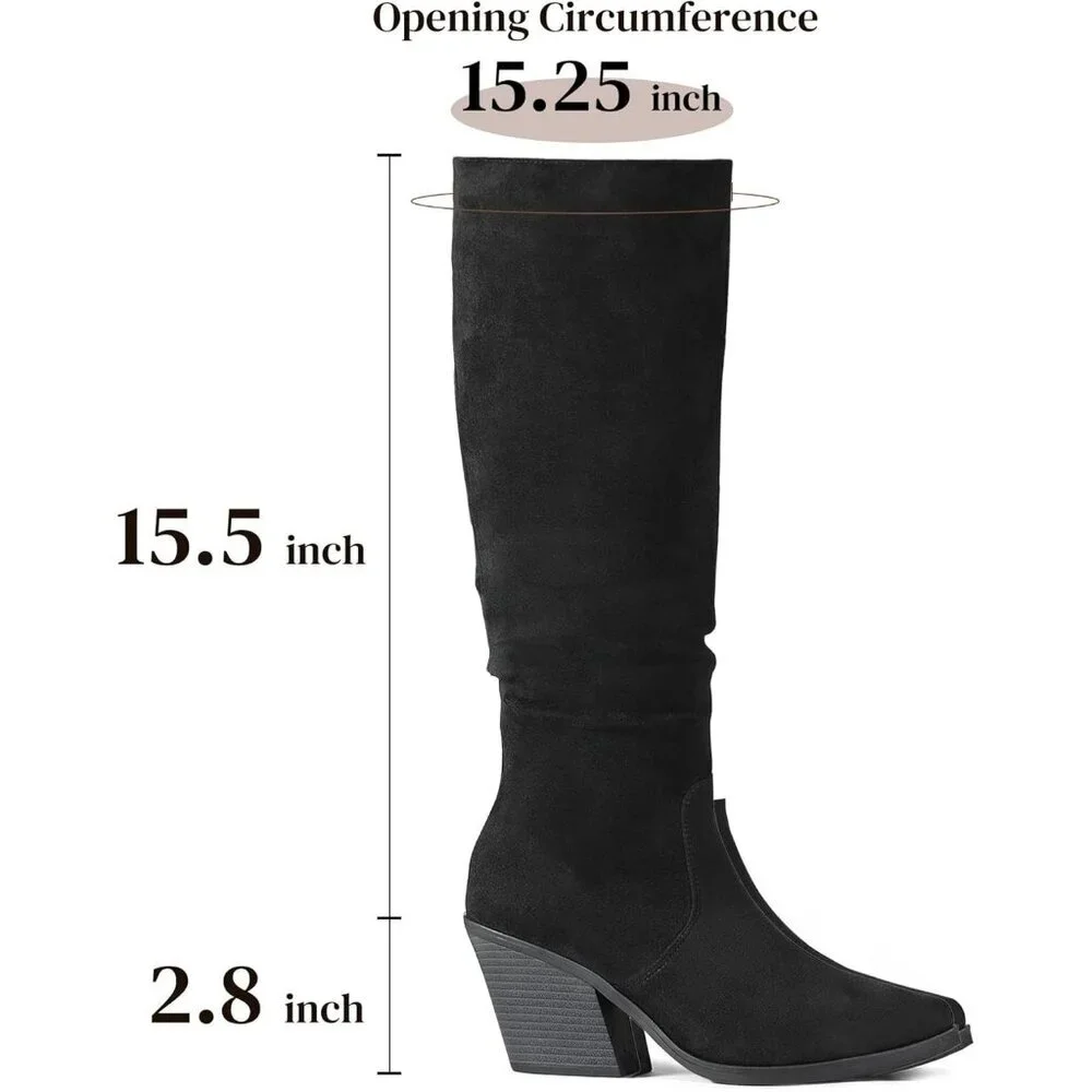 Women's Black Faux Suede Chunky Heel Boots Side Zipper Slouchy Knee High Boots
